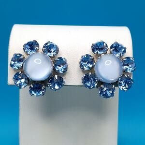 Vintage Light Blue Rhinestone Clip Earrings, Faux Moonstone, Silver Tone